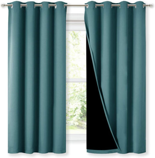 NICETOWN 100% Blackout Blinds, Set of 2, 46" x 45", Sea Teal, Laundry Room Decor Window Treatment Curtains for Large Patio Sliding Door, Thermal Insulated Curtains for Bedroom