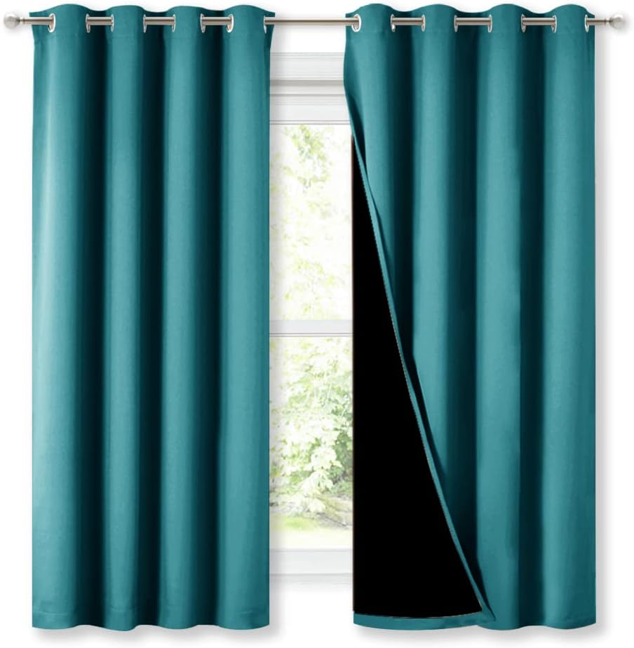 NICETOWN 100% Blackout Curtains with Black Liner, Thermal Insulated Full Blackout 2-Layer Lined Drapes, Energy Efficiency Window Draperies for Bedroom (Peacock Teal, 2 Panels, 52-inch W by 63-inch L)