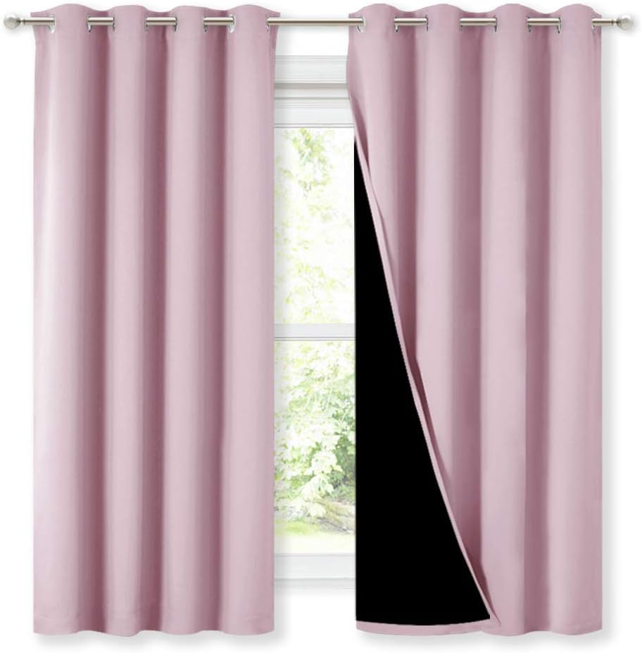 NICETOWN Extra Long Truly Blackout Drapes for Hall and Villa, 46-inch Width Each Panel, 45-inch Length, Baby Pink, 2 Pieces, 100% Blackout Window Curtains with Black Lined for Night Shift Worker