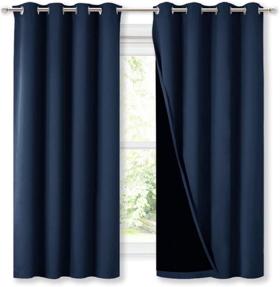 NICETOWN 100% Blackout Curtain Panels, Thermal Insulated Black Liner Curtains for Nursery Room, Noise Reducing and Cold Blocking Drapes for Windows (Navy Blue, Set of 2, 52-inch Wide by 63-inch Long)