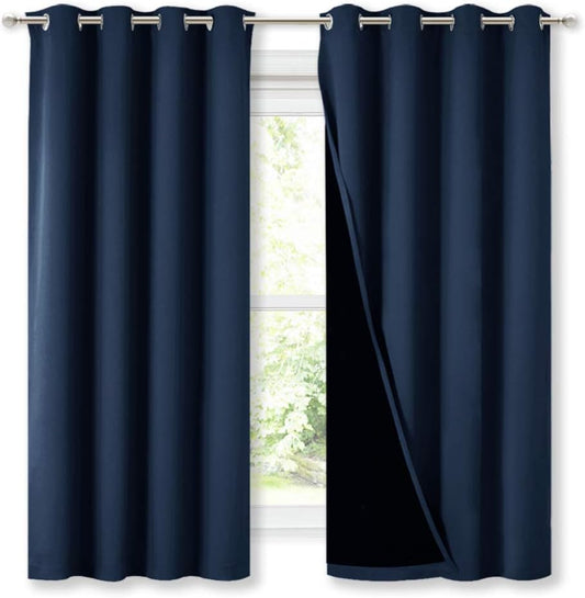NICETOWN 100% Blackout Curtain Panels, Thermal Insulated Black Liner Curtains for Nursery Room, Noise Reducing and Cold Blocking Drapes for Windows (Navy Blue, Set of 2, 52-inch Wide by 63-inch Long)