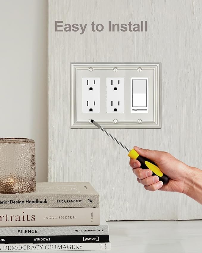 1-Pack Triple Decorator Wall Plate, Metal Electrical Outlet Cover for Receptacles, Dimmer Switches, GFCI Outlets, Satin Nickcel, Midsize, 6.77''*4.88''