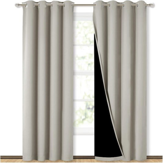 NICETOWN 100% Blackout Window 84in Curtain Panels, Cold and Light Blocking Drapes with Black Liner (Natural, 2 Pieces, 52 “ Wide per Panel)