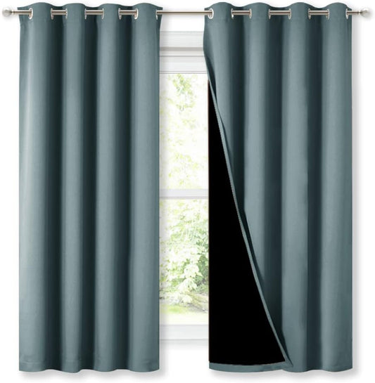 NICETOWN Extra Long Truly Blackout Drapes for Hall and Villa, 46-inch Width Each Panel, 45-inch Length, Greyish Blue, 2 Pieces, 100% Blackout Window Curtains with Black Lined for Night Shift Worker