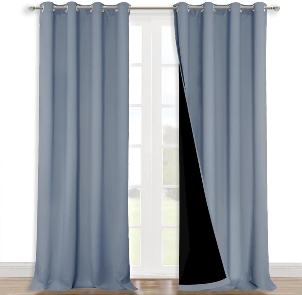 NICETOWN 100% Blackout Curtains for Windows, Pack of 2, Vintage Blue, 52" W x 102" L, Super Heavy-Duty Black Lined Total Darkness Drapes for Bedroom, Privacy Assured Window Treatment for Patio