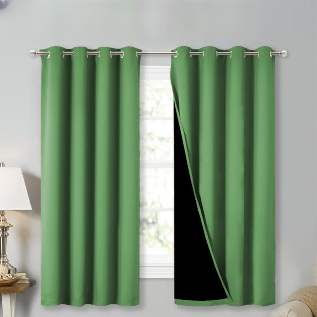 NICETOWN 100% Blackout Curtains with Black Liners, Forest Green, 2 Panels, 52-inch W by 63-inch L, Thermal Insulated Full Blackout 2-Layer Lined Drapes, Energy Efficiency Window Draperies for Bedroom