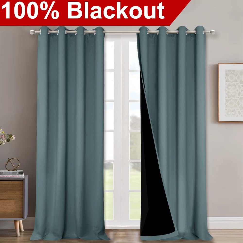 NICETOWN Full Shading Curtains 90" Long 2 Panels Set for Windows, Super Heavy-Duty Black Lined Blackout Curtains for Bedroom, Privacy Assured Window Treatment (Greyish Blue, Pack of 2, 52" W)