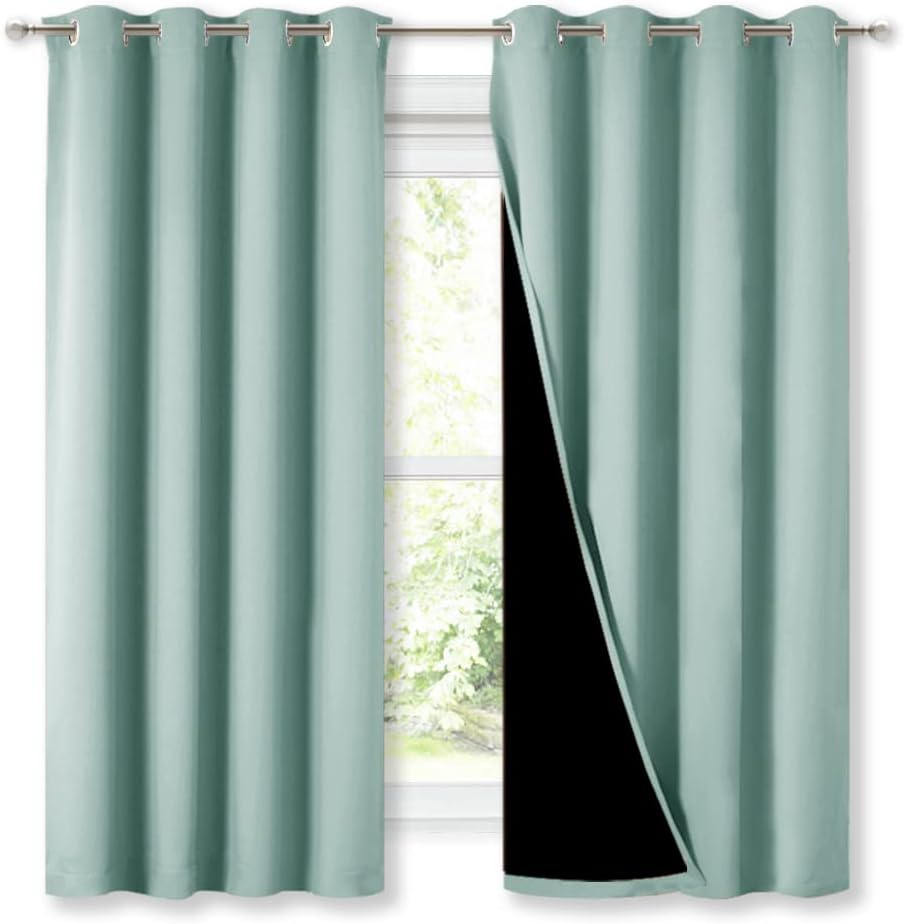 NICETOWN Aqua Blue 100% Blackout Lined Curtains, 2 Thick Layers Completely Blackout Window Treatment Thermal Insulated Drapes for Kitchen/Bedroom (1 Pair, 52" Width x 63" Length Each Panel)