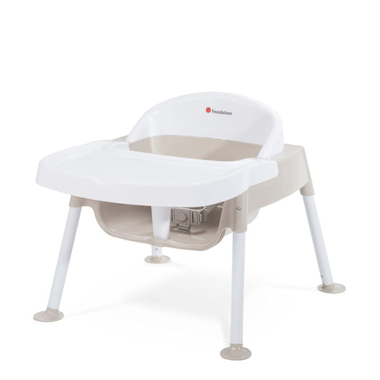 Foundations Secure Sitter 7" Feeding Chair, Stable “No Tip” Feet, 3-Point Adjustable Harness, Removable Tray, Easy to Clean, Smooth Plastic (White/Tan)