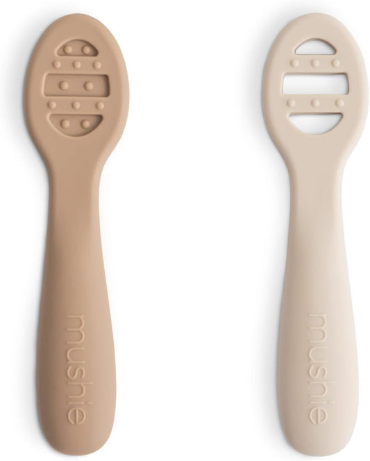 mushie Silicone First Feeding Baby Spoons | 2 Pack (Natural/Shifting Sand)
