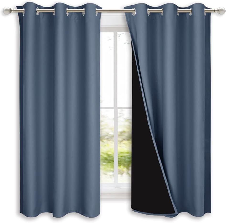 NICETOWN 100% Blackout Window Curtain Panels, Stone Blue, 2 Pieces, 37" Wide Each Panel, Heat and Full Light Blocking Drapes with Black Liner for Nursery, 40" Drop Thermal Insulated Draperies