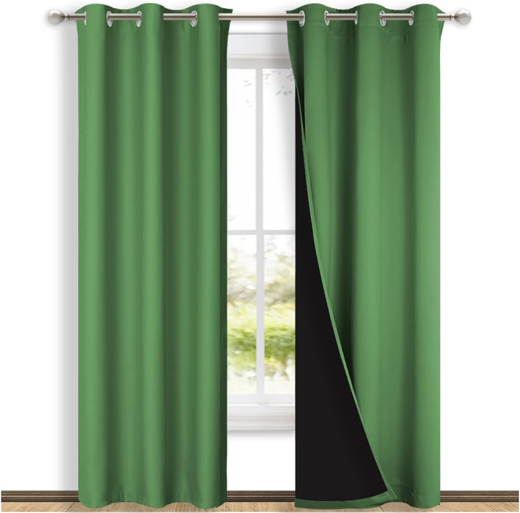 NICETOWN Forest Green Full Shade Curtain Panels, 37" Wide x 80" Long, Gray, Pair of Thermal Insulated & Energy Efficiency Blackout Drapes for Living Room, Lined Silky Performance Window Dressing