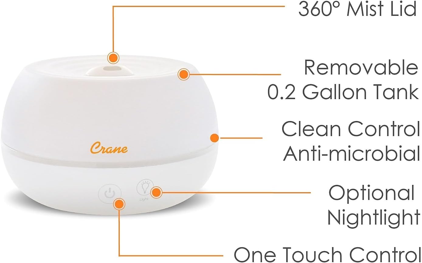 Crane Portable Ultrasonic Travel Humidifier and Diffuser, 0.2 Gallon Cool Mist, Optional Essential Oil Diffuser, No Filter Needed, White
