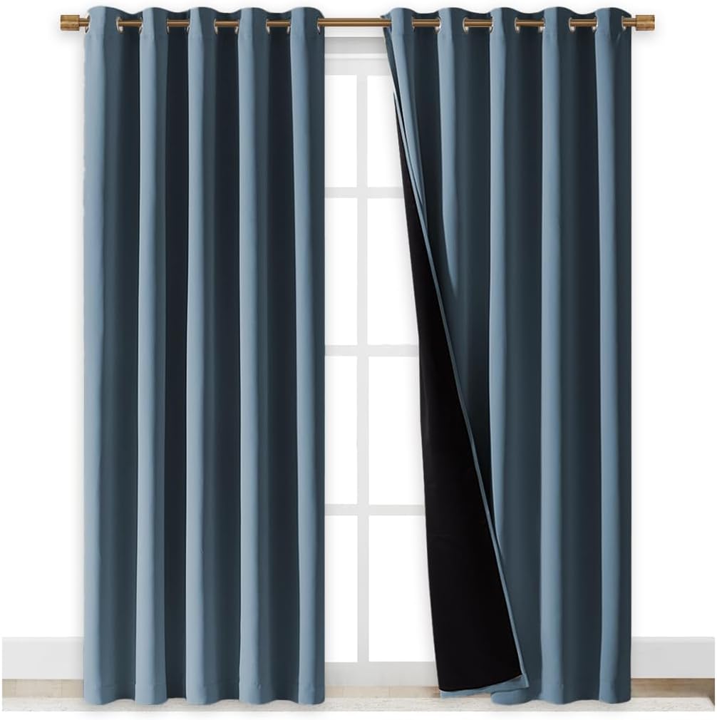 NICETOWN 100% Blackout Window Curtain Panels, Smoky Blue, 2 PCs, 62" Wide Each Panel, Cold and Full Light Blocking Drapes with Black Liner for Nursery, 84" Drop Thermal Insulated Draperies