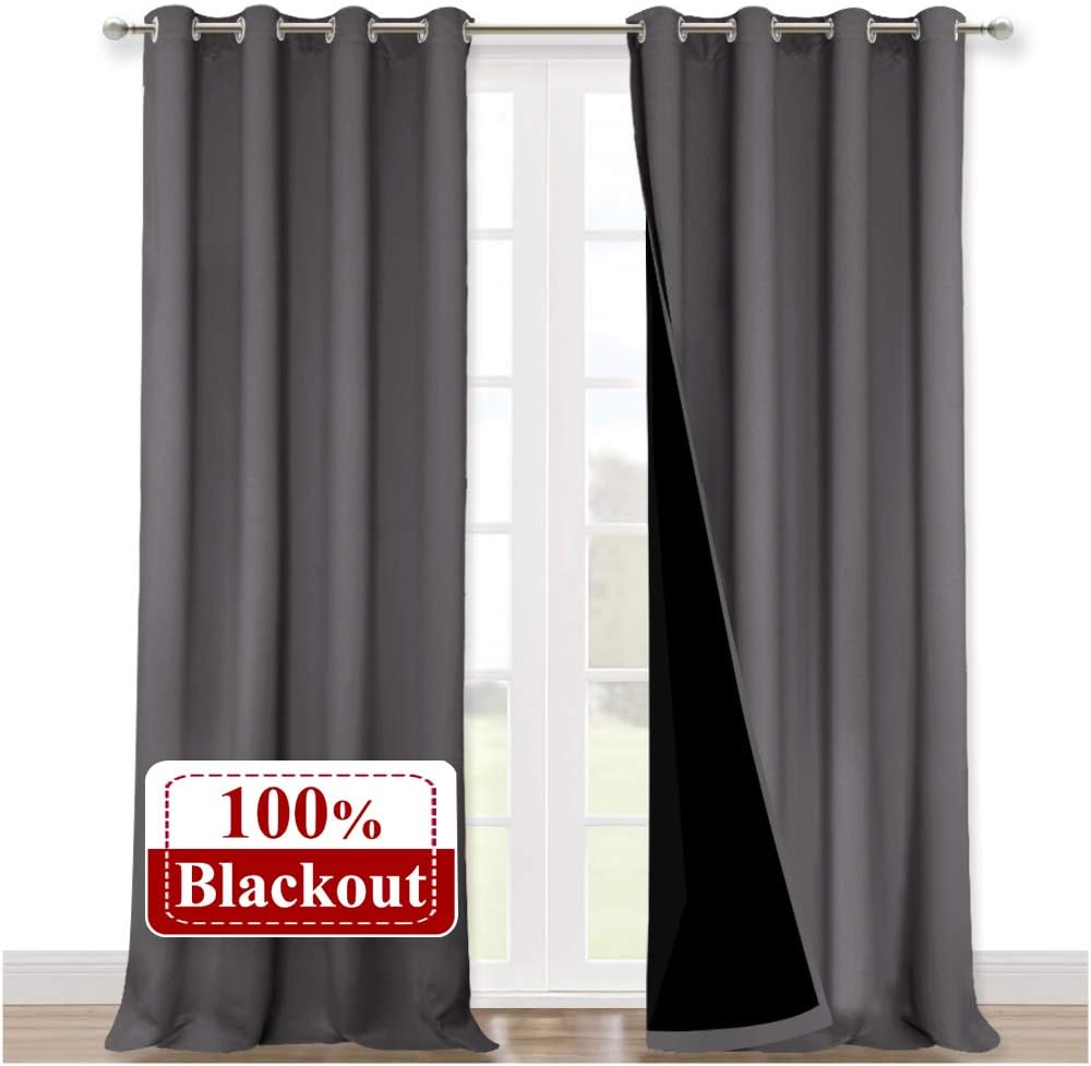 NICETOWN 100% Blackout Blinds, Set of 2, 52 inches x 120 inches, Laundry Room Decor Window Treatment Curtains for Large Patio Sliding Door, Thermal Insulated Grey Curtains for Bedroom