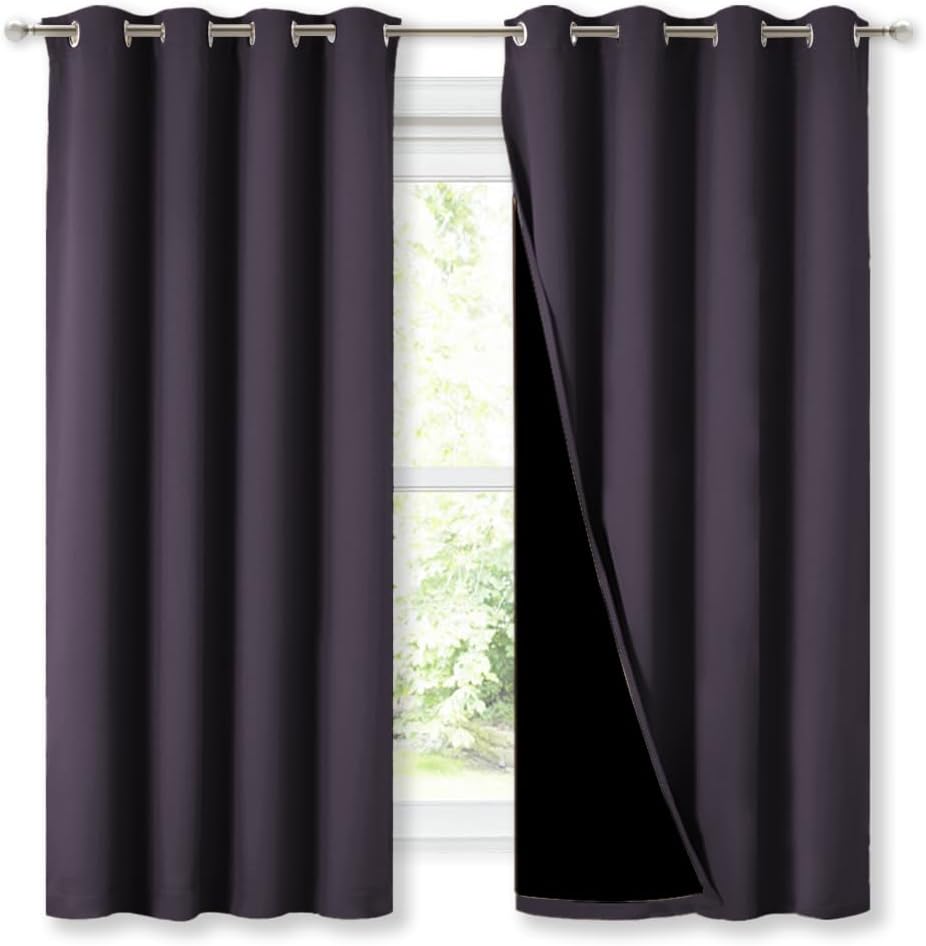 NICETOWN 100% Blackout Curtains 45" Long, Greyish Purple, 1 Pair, 52" Width Each Panel, 2 Thick Layers Completely Blackout Window Treatment Thermal Insulated Lined Drapes for Small Window