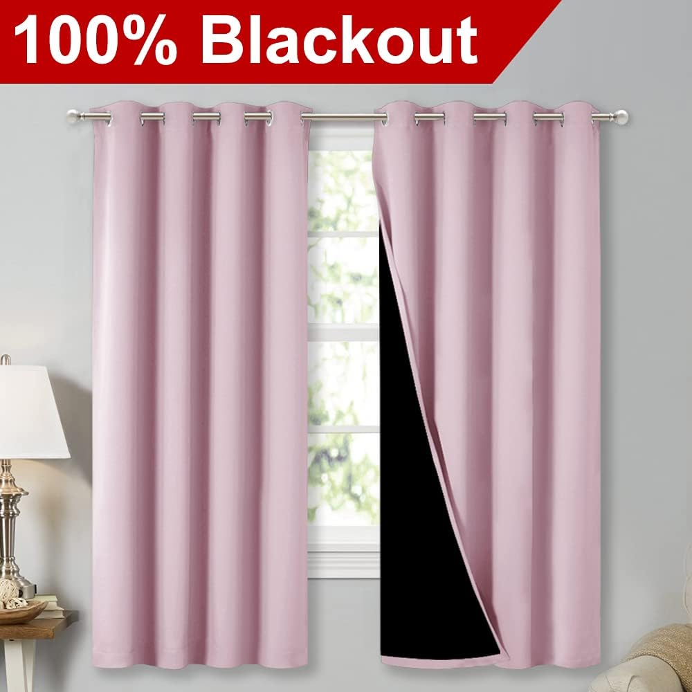 NICETOWN Extra Long Truly Blackout Drapes for Hall and Villa, 46-inch Width Each Panel, 45-inch Length, Baby Pink, 2 Pieces, 100% Blackout Window Curtains with Black Lined for Night Shift Worker