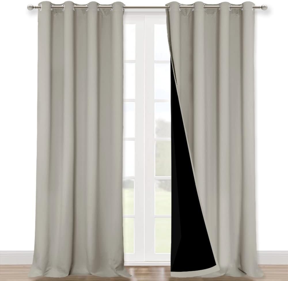 NICETOWN Natural 100% Blackout Curtains for Windows, Pack of 2, 52 inches W x 120 inches L, Super Heavy-Duty Black Lined Total Darkness Drapes for Bedroom, Privacy Assured Window Treatment for Patio