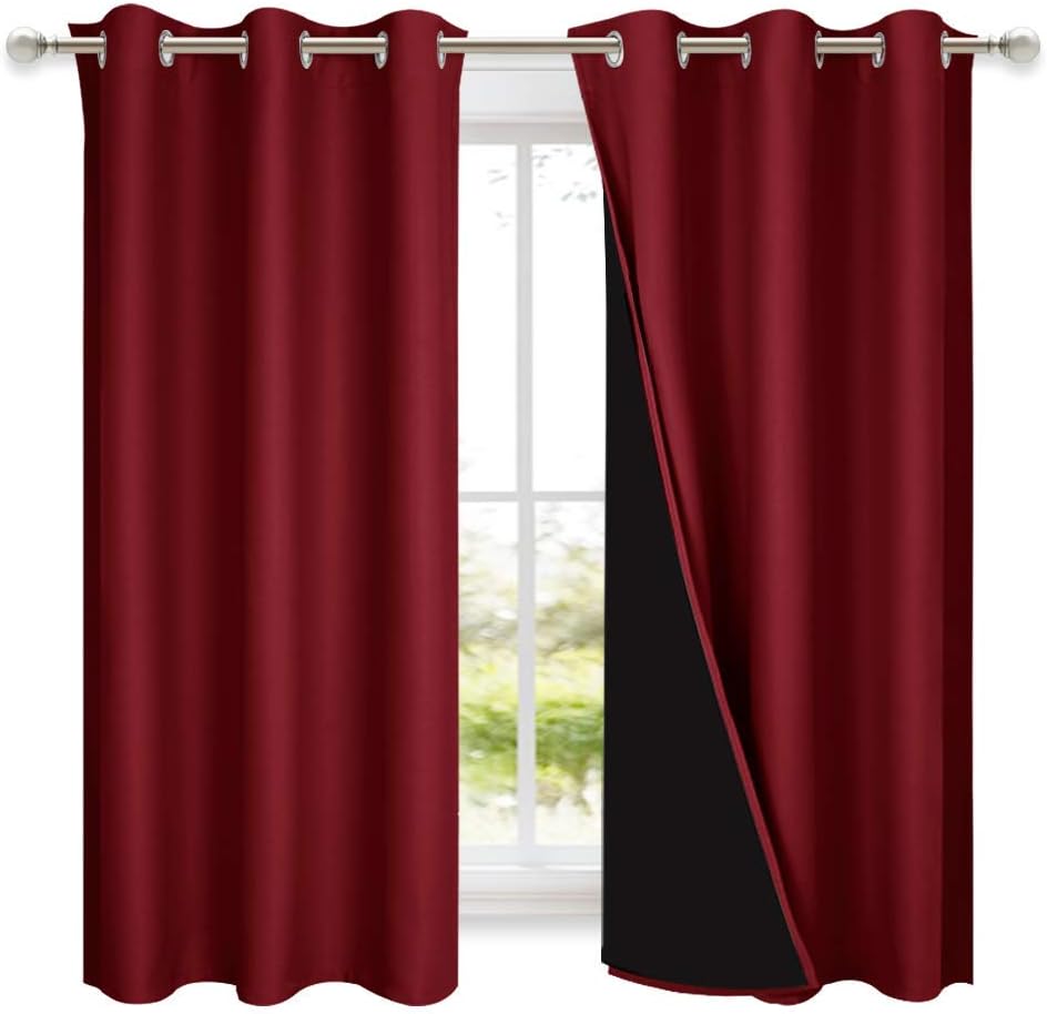 NICETOWN 100% Blackout Panels, Thermal Insulated Black Liner Curtains for Kitchen Room, Cold Blocking Drapes for Window Decoration (Set of 2, Burgundy Red, 42-inch Wide by 63-inch Long)