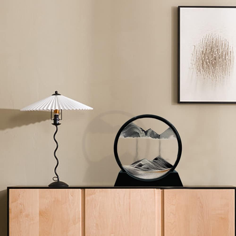 Aoderun Moving Sand Art Picture Round Glass 3D Deep Sea Sandscape in Motion Display Flowing Sand Frame Relaxing Desktop Home Office Work Decor (12", Black)