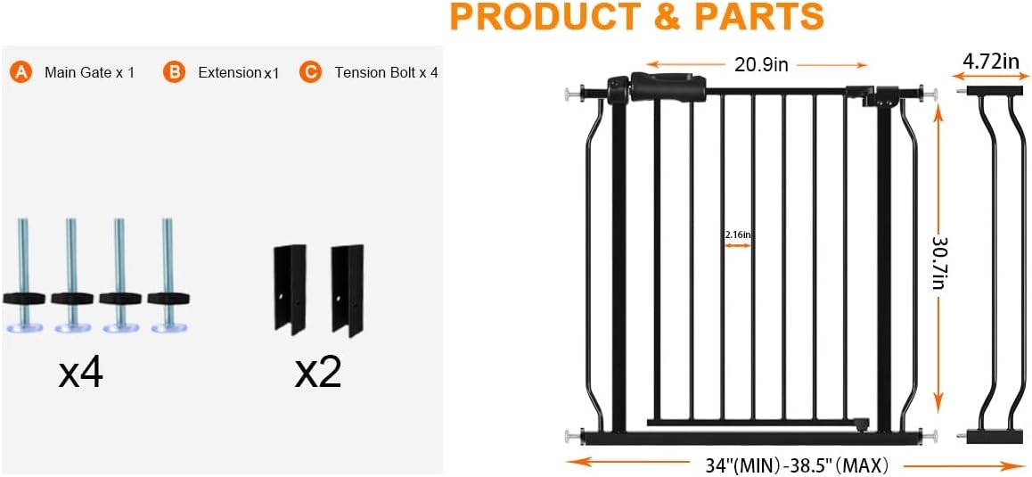 Wide Baby Gate for Stairs Doorways 30" Tall 34 to 38.5 Inch Wide Pressure Mounted Baby Gate Walk Through Child Gates for Kids or Pets Indoor Safety Gates
