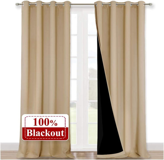 NICETOWN Thermal Insulated 100% Blackout Curtains, Biscotti Beige, 1 Pair, 52 inches x 120 inches, Sound Proof Drapes with Black Backing, Full Light Blocking Panels for Patio Sliding Door