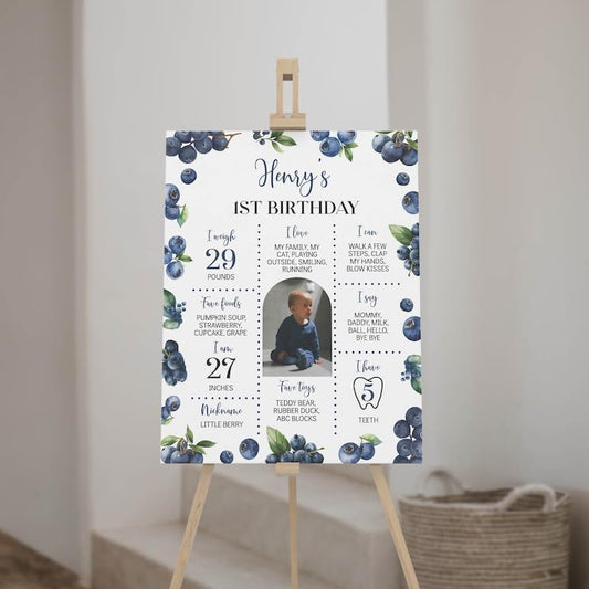 Generic Blueberry First Birthday Milestone Sign, Berry Sweet Birthday Milestone Poster, Boy Blueberries Photo Milestone Board, Design 01