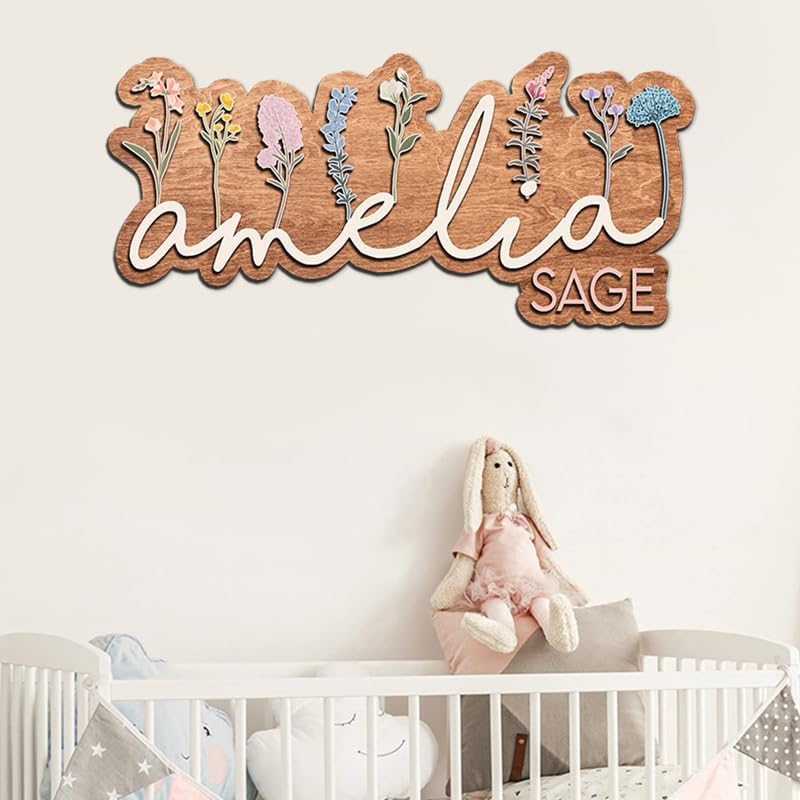 Personalized Nursery name sign for girls, Wildflowers Wooden baby name sign, Custom flower kids room decor, Baby shower, Boho nursery decorations gift/11
