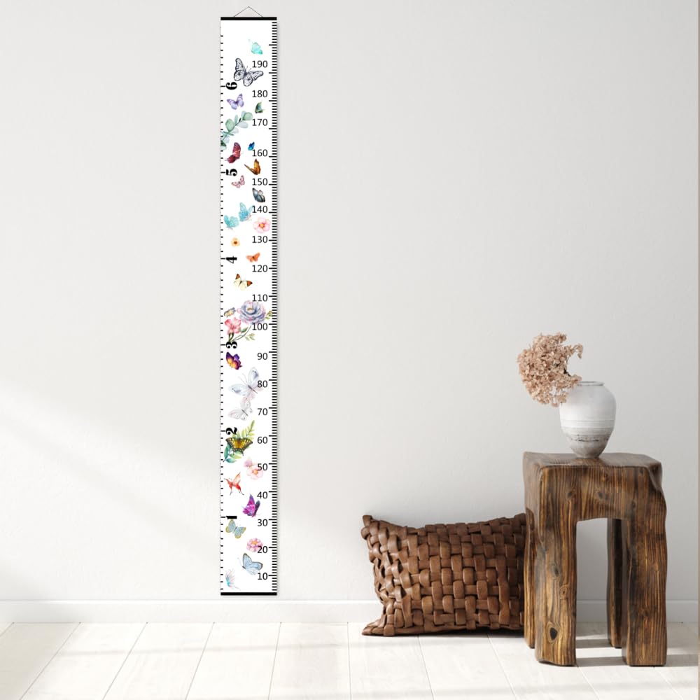 Baby Growth Chart for Wall - Height Chart for Kids Nursery Decor Wall Hanging Measurement Ruler with Black Wood Scroll Toddlers Room Decor Birthday Christmas Gifts for Boys Girls 79"X7.9" (Butterfly)
