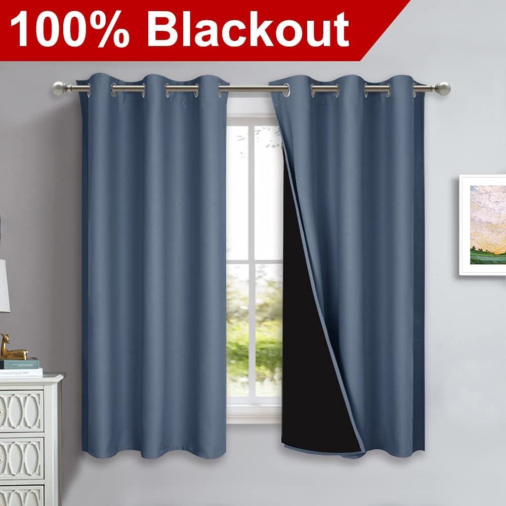 NICETOWN 100% Blackout Window Curtain Panels, Stone Blue, 2 Pieces, 37" Wide Each Panel, Heat and Full Light Blocking Drapes with Black Liner for Nursery, 40" Drop Thermal Insulated Draperies