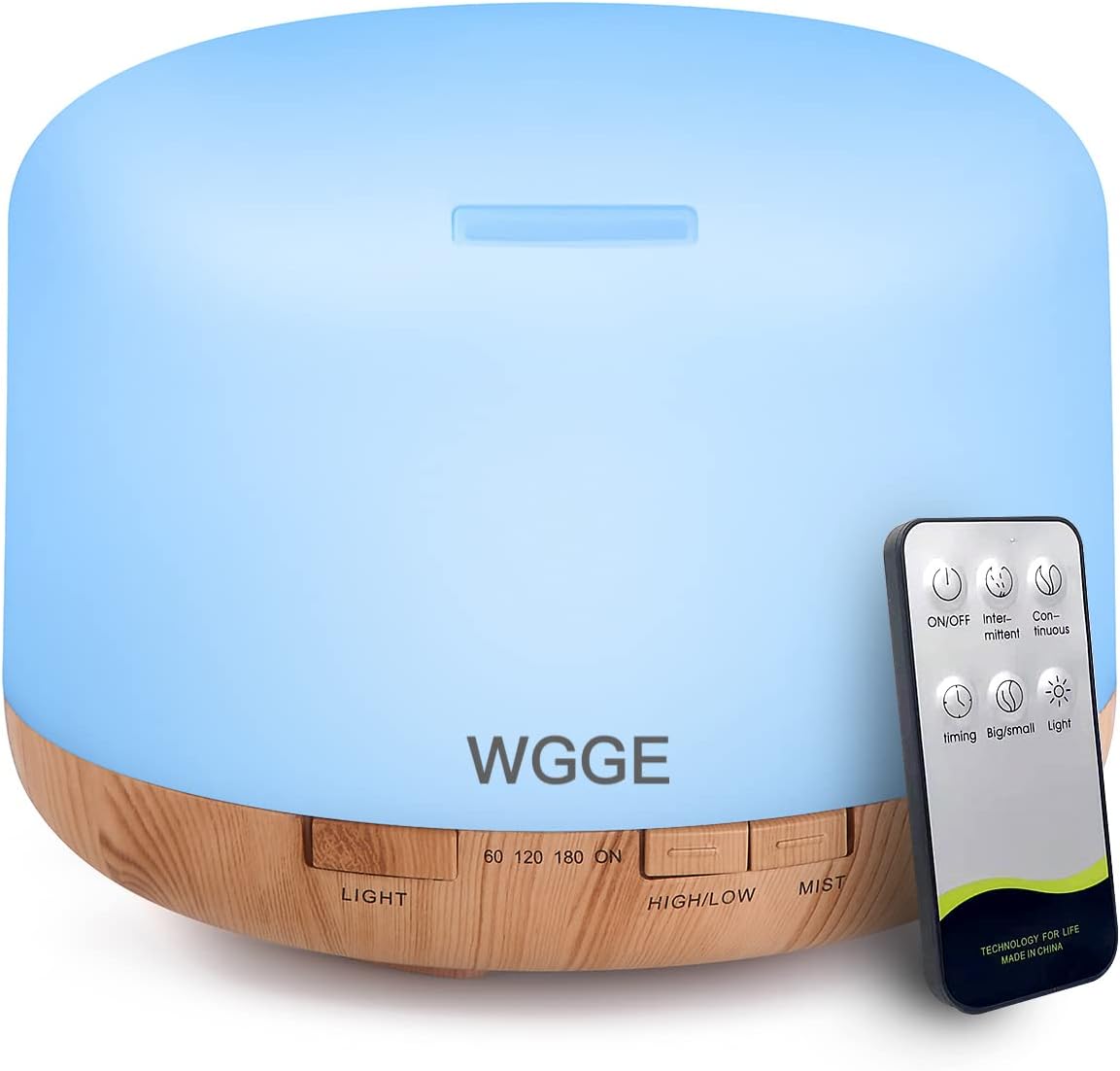 WGGE Essential Oil Diffuser, 500ml Premium Ultrasonic Vaporizer Aromatherapy Diffuser with 7 Color Changing, Timer, and Waterless Auto-Off with Remote Control.