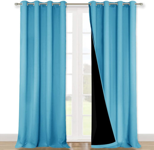NICETOWN Insulated 100% Blackout Curtains, Noise Reducing Performance Drapes with Black Lining, Full Light Blocking Draperies for Overnight Shift Worker (Light Blue, 2 PCs, 52 inches x 95 inches)