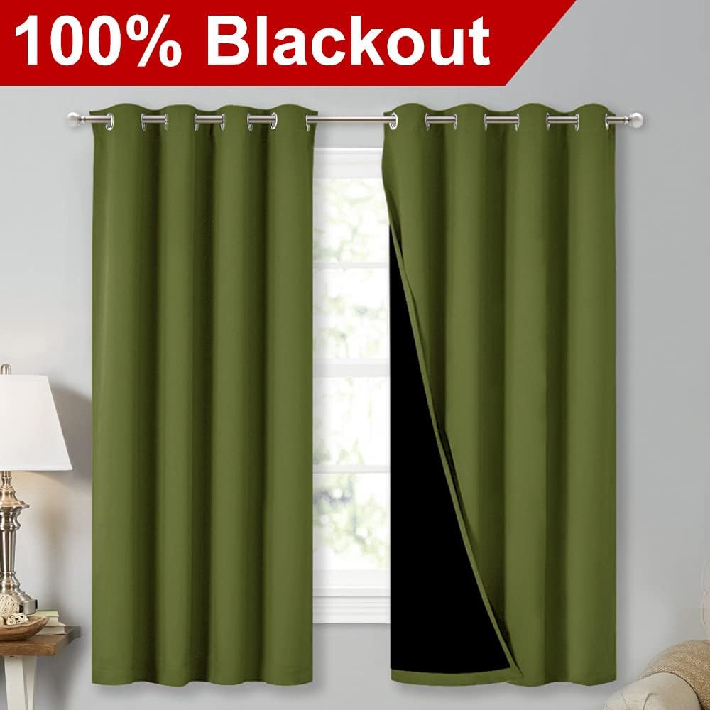 NICETOWN 100% Blackout Curtain Panels, Thermal Insulated Black Liner Curtains for Nursery Room, Noise Reducing and Cold Blocking Drapes for Windows (2 PCs, Olive Green, 52-inch Wide by 63-inch Long)