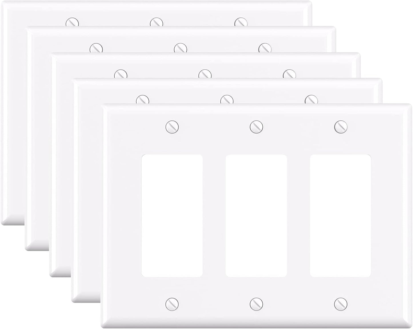ELEGRP 3-Gang Decorative Wall Plates, Mid-Size 4.88" H x 6.75" L Unbreakable Thermoplastic Faceplate Cover for Decorator Receptacle Outlet Switch, UL Listed (5 Pack, Glossy White)
