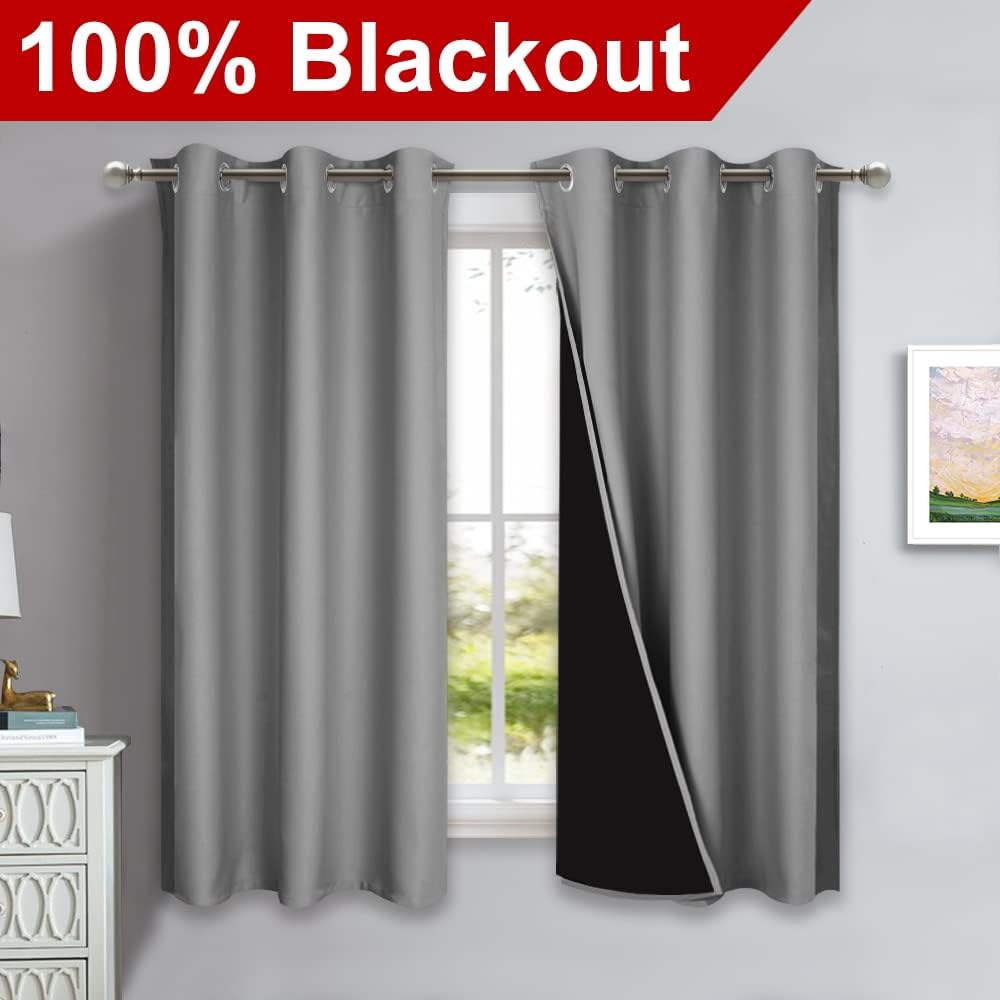 NICETOWN 100% Blackout Curtains with Black Liners, Solid Thermal Insulated Full Blackout 2-Layer Lined Drapes, Energy Efficiency Window Draperies for Bedroom (2 Panels, 42" W by 63" L, Silver Grey)
