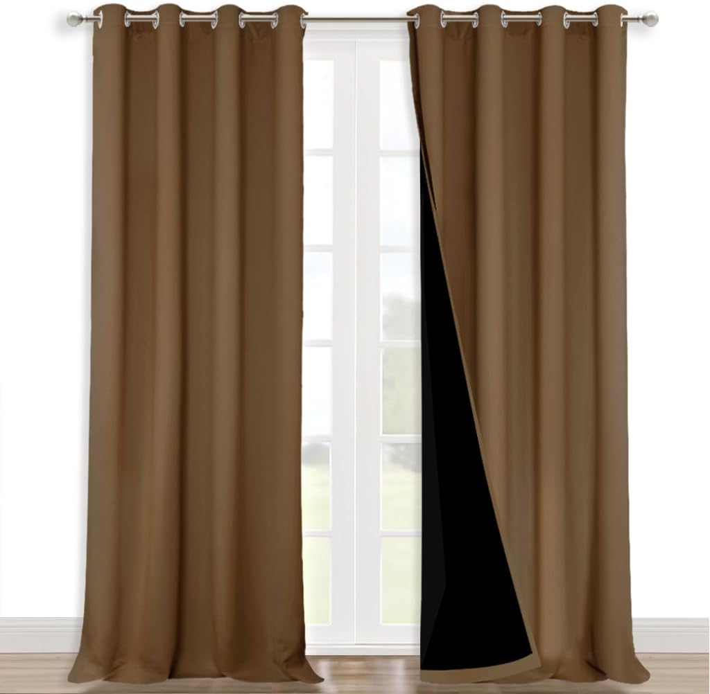 NICETOWN 100% Blackout Curtains for Windows, Pack of 2, Gold Brown, 52" W x 120" L, Super Heavy-Duty Black Lined Total Darkness Drapes for Bedroom, Privacy Assured Window Treatment for Patio