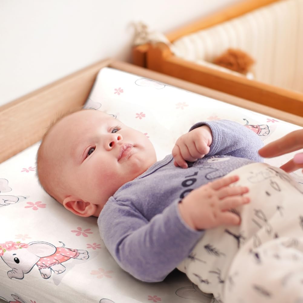 4 Pack Baby Girl Changing Pad Covers Sheets Set Soft Fitted Floral or Elephant Theme Baby Girl Mattress Covers Breathable Toddler Bed Sheets for Infant or Newborn Girls (Elephant, Changing Pad Covers)