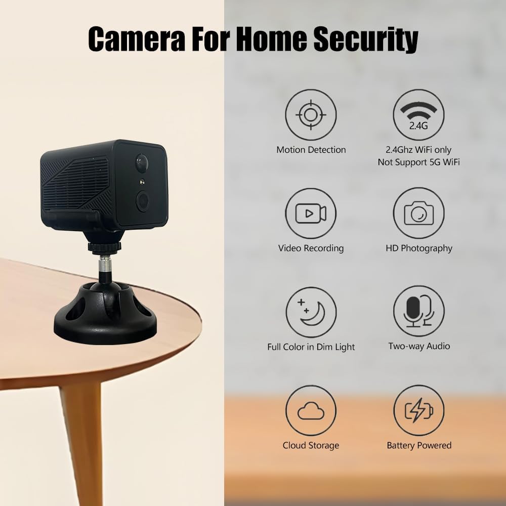 Mini Indoor Camera for Home Security, Night Vision, Motion Detection, 2-Way Talk, Cloud Storage, Rechargeable Battery Dog Camera with Speaker,Nanny Cam Baby Camera, 2.4G WiFi Only