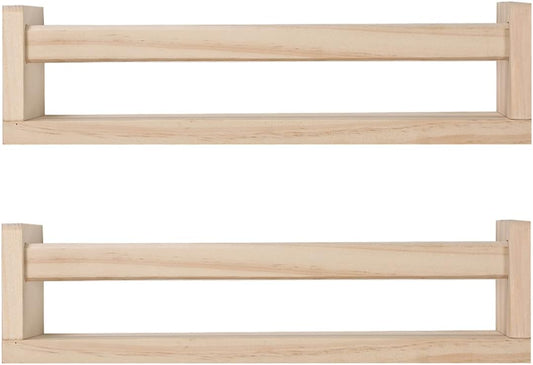 Nursery Floating Book Shelves for Kids Room, Kitchen Spice Rack, or Rustic Wall Mounted Shelves for Farmhouse Bathroom Decor (Natural Wood),Set of 2