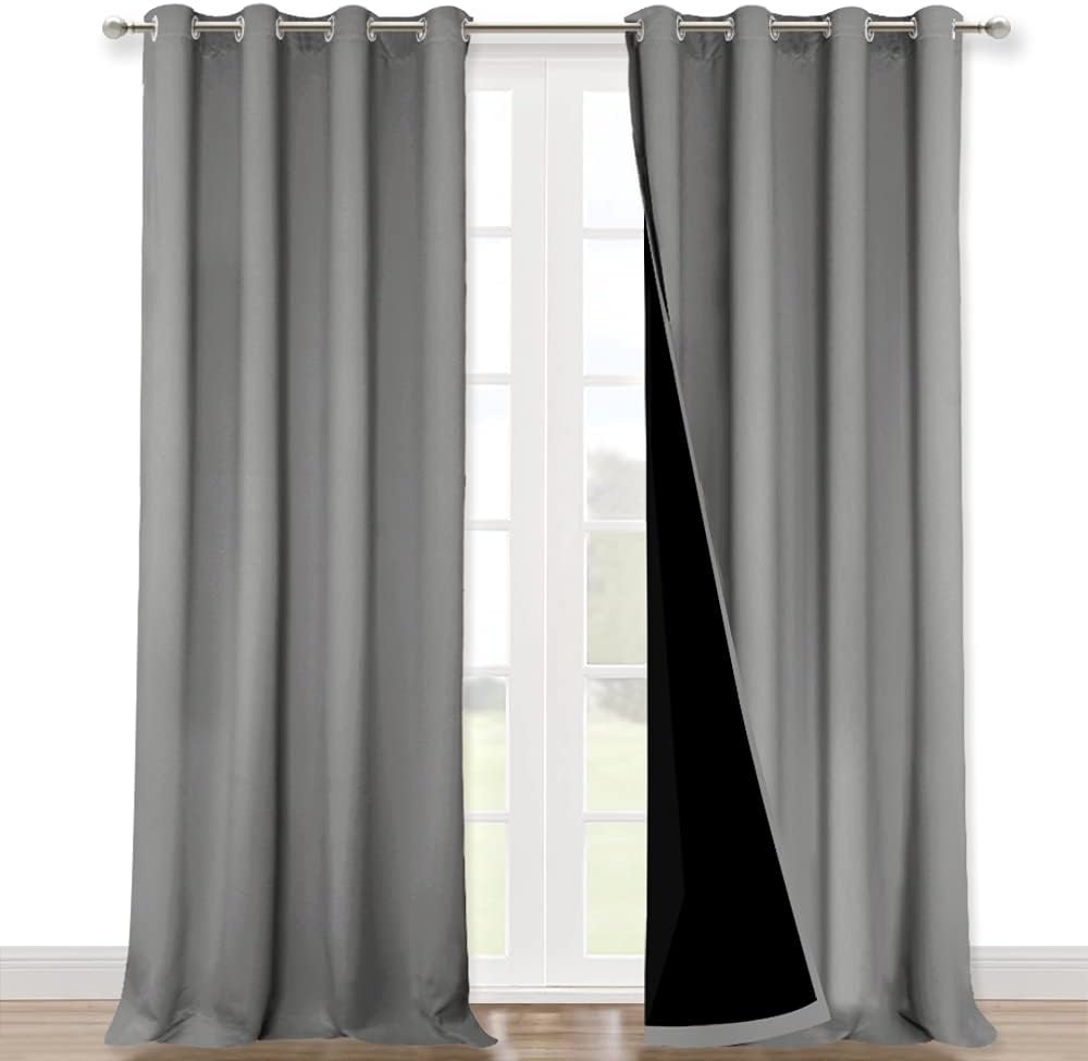 NICETOWN 100% Blackout Blinds, Laundry Room Decor Window Treatment Curtains for Large Patio Sliding Door, Thermal Insulated Silver Grey Curtains for Bedroom, Set of 2, 52 inches x 108 inches