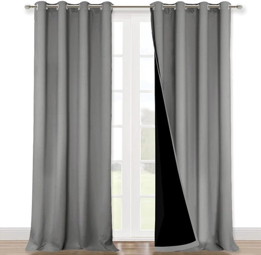 NICETOWN Total Shade Curtains and Draperies, Heavy-Duty Full Light Shading Drapes with Black Liner Backing for Villa/Hall/Dorm Window（Silver Grey, Package of 2 Panels, 52 inches Wide x 95 inches Long