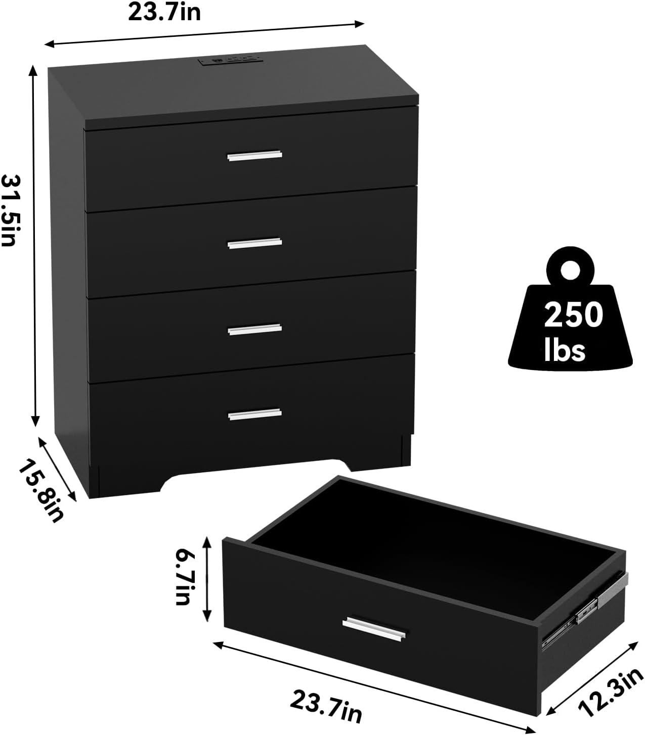 Dresser with Power Outlets Wooden 4 Drawer Dresser with USB and Type C Port Chest of Drawers for Bedroom Tall Black Organizer Storage for Living Room Hallway Closet