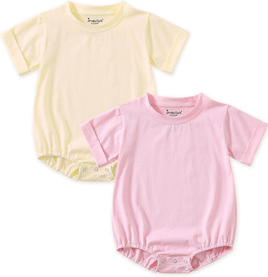 Jimonda Baby Bubble Romper Boy Girl Solid Color T-Shirt Outfits Short Sleeve Bodysuit Organic Cotton 2Pcs