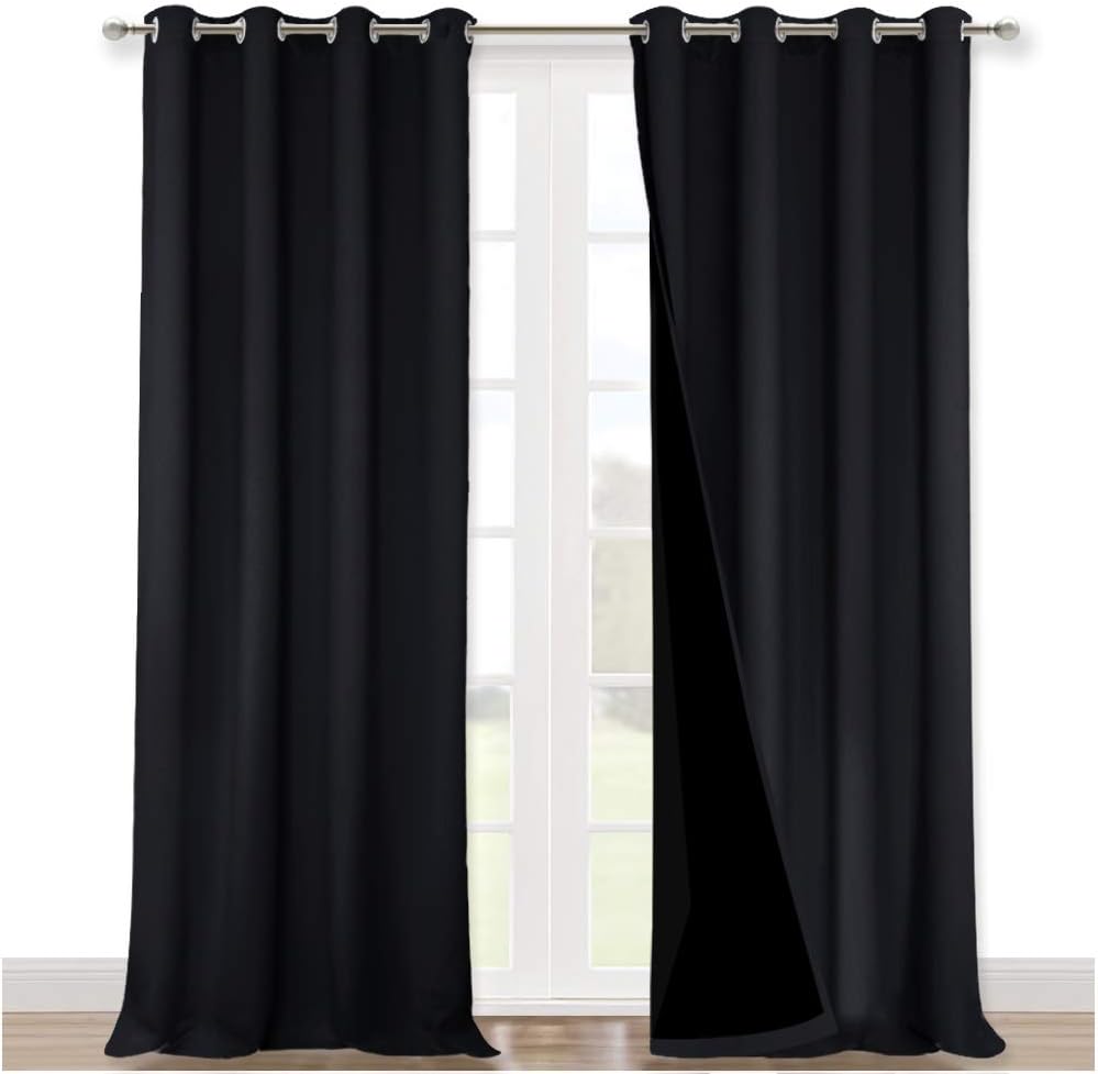 NICETOWN Extra Long Truly Blackout Drapes for Hall and Villa, 52-inch Width Each Panel, 120-inch Length, Black, 2 Pieces, 100% Blackout Window Curtain Panels with Black Lined for Night Shift Worker