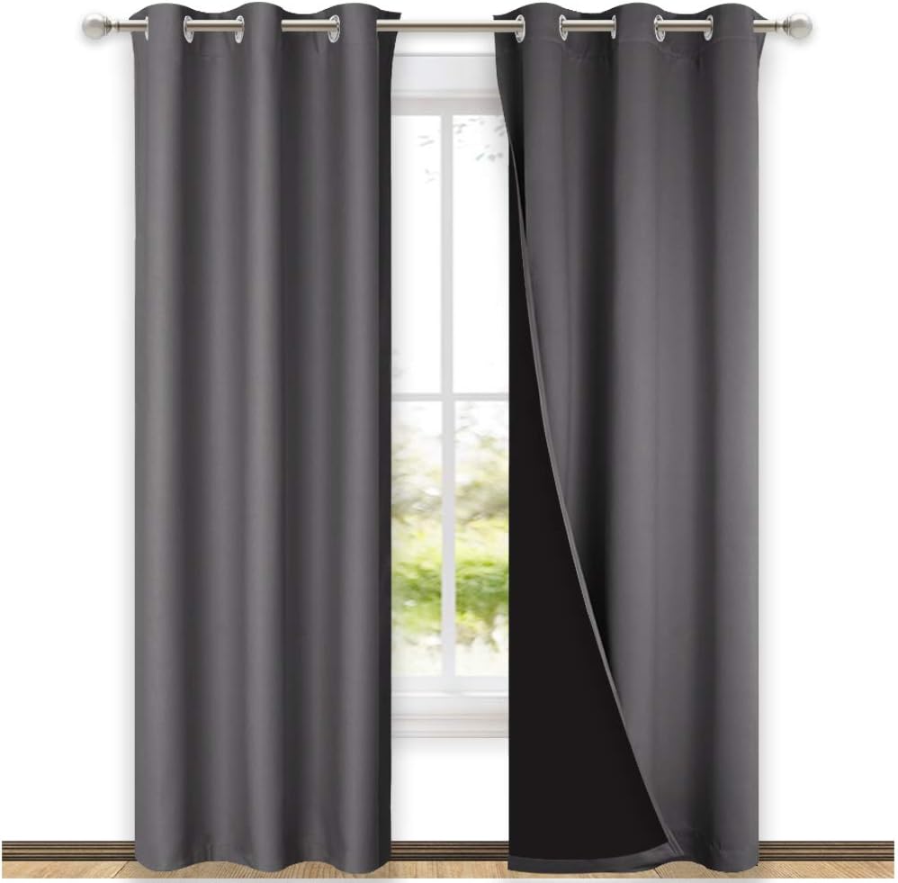 NICETOWN Room Warming Blackout Curtains 80 inches Long, Full Light Blocking Drapes with Black Liner for Nursery, Thermal Insulated Draperies for Hall, Villa (Grey, 2 Pieces, 42" Wide Each Panel)