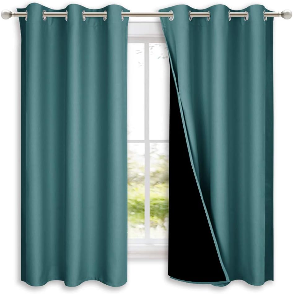 NICETOWN 100% Blackout Curtain Panels, Thermal Insulated Black Liner Curtains for Nursery Room, Noise Reducing and Cold Blocking Drapes for Windows (Set of 2, Sea Teal, 42-inch Wide x 63-inch Long)