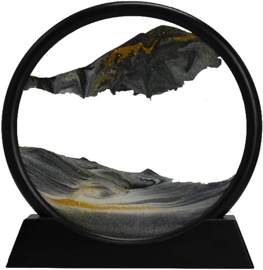 Aoderun Moving Sand Art Picture Round Glass 3D Deep Sea Sandscape in Motion Display Flowing Sand Frame Relaxing Desktop Home Office Work Decor (7", Black)