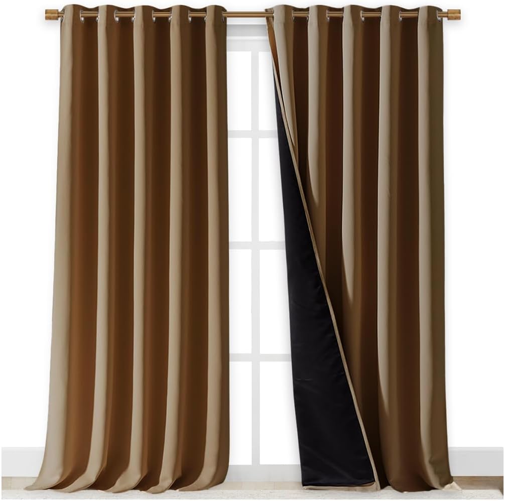 NICETOWN 100% Blackout Blinds, Set of 2, 70 inches x 108 inches, Gold Brown, Laundry Room Decor Window Treatment Curtains for Large Patio Sliding Door, Thermal Insulated Curtains for Bedroom
