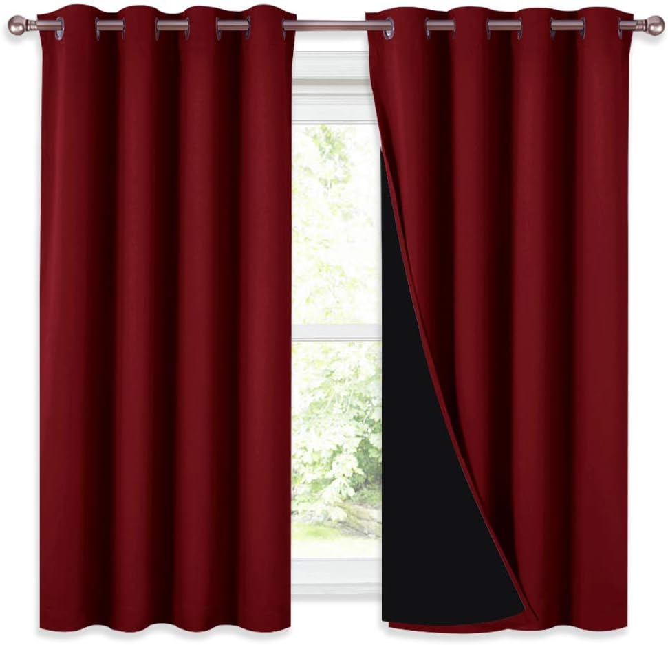 NICETOWN Kitchen Full Blackout Curtain Panels, Super Thick and Soft Insulated Window Covers, 100% Blackout Draperies with Black Backing for Cafe Window (Burgundy Red, Set of 2 PCs, 52 by 54-inch)