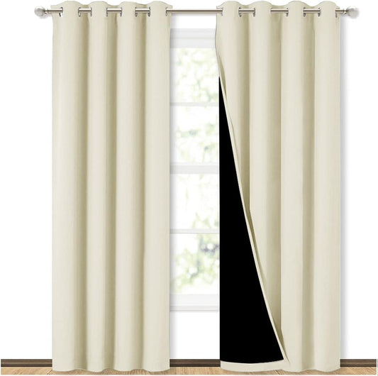NICETOWN Living Room Completely Shaded Draperies, Privacy Protection & Noise Reducing Ring Top Drapes, Black Lined Insulated Window Treatment Curtain Panels (Beige, 2 Pieces, W52 x L84)